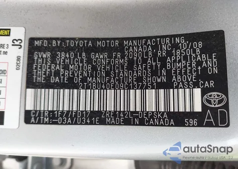 2009 Toyota Corolla S из США, поврежденный, VIN 2T1BU40E09C137751